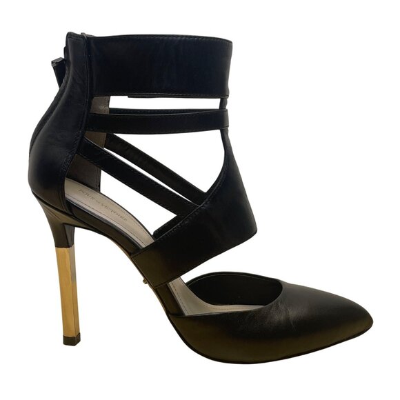 Pour La Victoire Women’s Black Leather Zanie Pointed Toe Stiletto Heels Size 7.5 - Picture 1 of 10